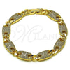 Oro Laminado Fancy Bracelet, Gold Filled Style Puff Mariner and Figaro Design, with White Cubic Zirconia, Polished, Golden Finish, 03.283.0491.07