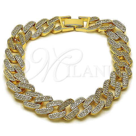 Oro Laminado Fancy Bracelet, Gold Filled Style Miami Cuban Design, with White Cubic Zirconia, Polished, Golden Finish, 03.283.0492.07