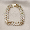 Oro Laminado Fancy Bracelet, Gold Filled Style Miami Cuban Design, with White Cubic Zirconia, Polished, Golden Finish, 03.283.0492.07 (Thickness, 8 Inches Length)
