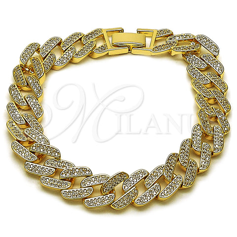 Oro Laminado Fancy Bracelet, Gold Filled Style Miami Cuban Design, with White Cubic Zirconia, Polished, Golden Finish, 03.283.0492.07 (Thickness, 8 Inches Length)