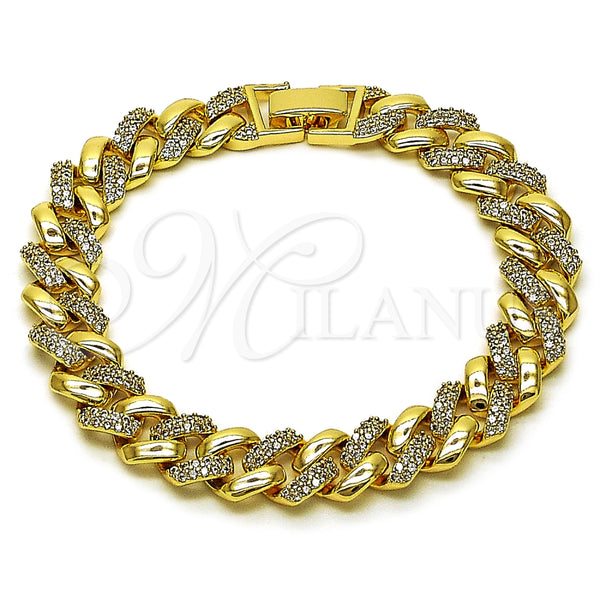 Oro Laminado Fancy Bracelet, Gold Filled Style Miami Cuban Design, with White Cubic Zirconia, Polished, Golden Finish, 03.283.0494.07