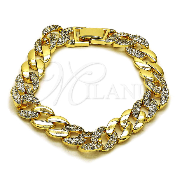Oro Laminado Fancy Bracelet, Gold Filled Style Miami Cuban Design, with White Cubic Zirconia, Polished, Golden Finish, 03.283.0496.07 (Thickness, 8 Inches Length)