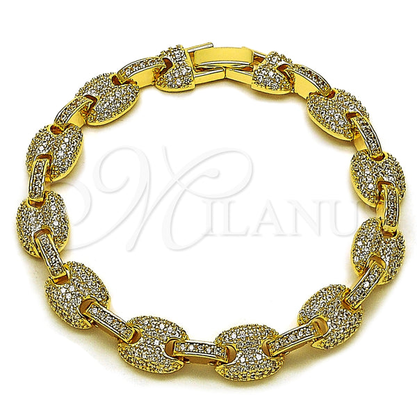 Oro Laminado Fancy Bracelet, Gold Filled Style Puff Mariner Design, with White Cubic Zirconia, Polished, Golden Finish, 03.283.0497.07