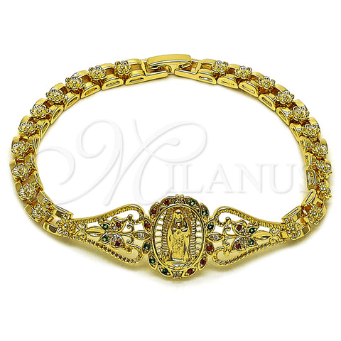 Oro Laminado Fancy Bracelet, Gold Filled Style Guadalupe and Butterfly Design, with Multicolor Goldstone Venturina, Polished, Golden Finish, 03.283.0499.07 (Thickness, 8 Inches Length)