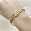Oro Laminado Fancy Bracelet, Gold Filled Style Guadalupe and Flower Design, with White Cubic Zirconia, Polished, Golden Finish, 03.283.0500.07 (Thickness, 8 Inches Length)