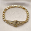 Oro Laminado Fancy Bracelet, Gold Filled Style Guadalupe and Flower Design, with White Cubic Zirconia, Polished, Golden Finish, 03.283.0500.07 (Thickness, 8 Inches Length)