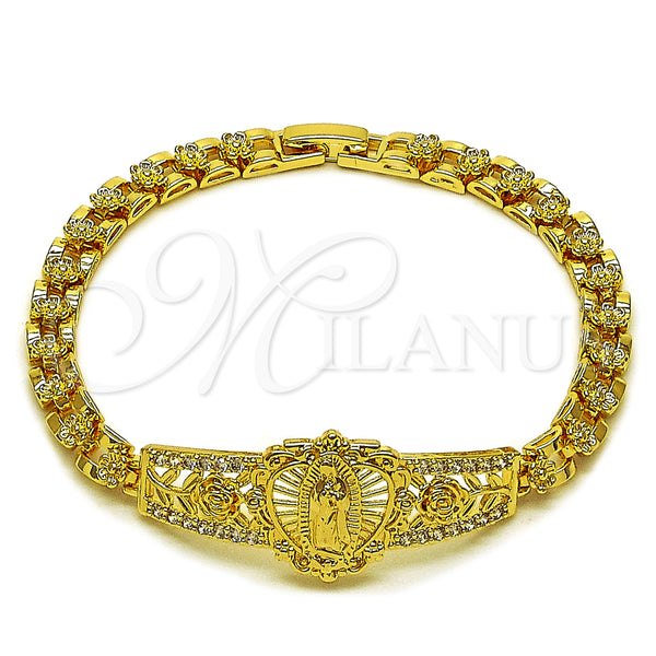 Gold Filled Bracelet — Fancy Bracelet Guadalupe and Flower Design with White — main product view — SKU 161974 | Oro Laminado brazalete — elegante Bracelet Guadalupe and flor diseño with blanco — SKU 161974