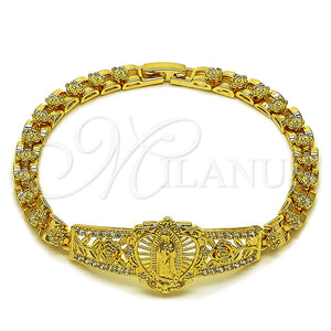 Oro Laminado Fancy Bracelet, Gold Filled Style Guadalupe and Flower Design, with White Cubic Zirconia, Polished, Golden Finish, 03.283.0500.07 (Thickness, 8 Inches Length)