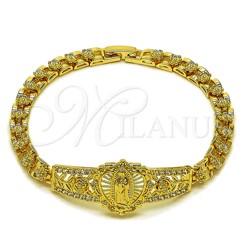 Oro Laminado Fancy Bracelet, Gold Filled Style Guadalupe and Flower Design, with White Cubic Zirconia, Polished, Golden Finish, 03.283.0500.07 (Thickness, 8 Inches Length)