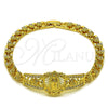 Oro Laminado Fancy Bracelet, Gold Filled Style Guadalupe and Flower Design, with White Cubic Zirconia, Polished, Golden Finish, 03.283.0500.07 (Thickness, 8 Inches Length)
