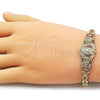 Oro Laminado Fancy Bracelet, Gold Filled Style Guadalupe and Flower Design, with Multicolor Cubic Zirconia, Polished, Golden Finish, 03.283.0500.1.07