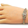 Oro Laminado Fancy Bracelet, Gold Filled Style Guadalupe and Flower Design, with Multicolor Cubic Zirconia, Polished, Golden Finish, 03.283.0500.1.07 (Thickness, 8 Inches Length)