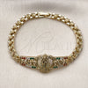 Oro Laminado Fancy Bracelet, Gold Filled Style Guadalupe and Flower Design, with Multicolor Cubic Zirconia, Polished, Golden Finish, 03.283.0500.1.07 (Thickness, 8 Inches Length)