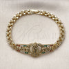 Oro Laminado Fancy Bracelet, Gold Filled Style Guadalupe and Flower Design, with Multicolor Cubic Zirconia, Polished, Golden Finish, 03.283.0500.1.07 (Thickness, 8 Inches Length)