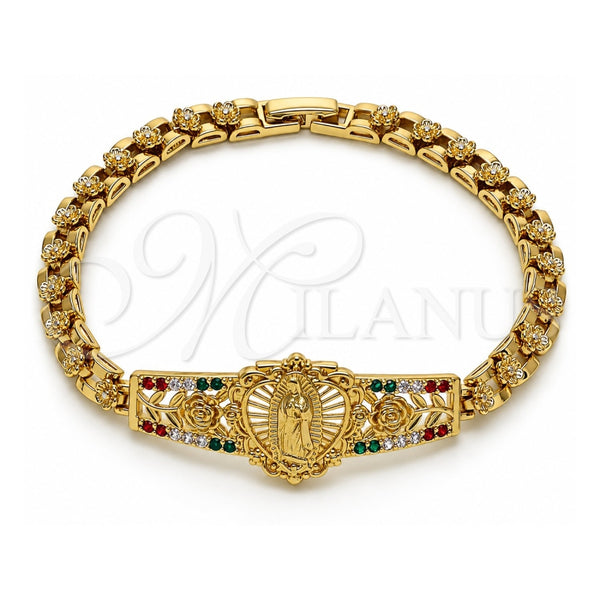 Oro Laminado Fancy Bracelet, Gold Filled Style Guadalupe and Flower Design, with Multicolor Cubic Zirconia, Polished, Golden Finish, 03.283.0500.1.07 (Thickness, 8 Inches Length)