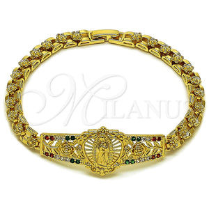 Oro Laminado Fancy Bracelet, Gold Filled Style Guadalupe and Flower Design, with Multicolor Cubic Zirconia, Polished, Golden Finish, 03.283.0500.1.07 (Thickness, 8 Inches Length)