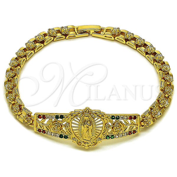 Oro Laminado Fancy Bracelet, Gold Filled Style Guadalupe and Flower Design, with Multicolor Cubic Zirconia, Polished, Golden Finish, 03.283.0500.1.07 (Thickness, 8 Inches Length)