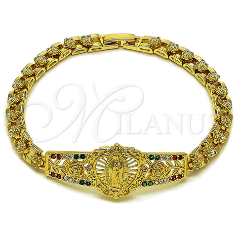 Oro Laminado Fancy Bracelet, Gold Filled Style Guadalupe and Flower Design, with Multicolor Cubic Zirconia, Polished, Golden Finish, 03.283.0500.1.07 (Thickness, 8 Inches Length)