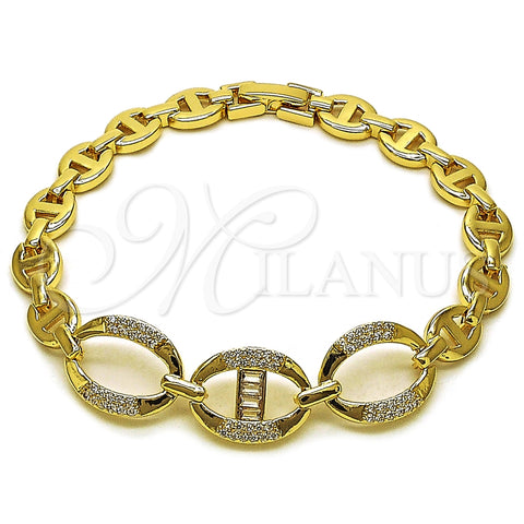 Oro Laminado Fancy Bracelet, Gold Filled Style Puff Mariner and Mariner Design, with White Cubic Zirconia, Polished, Golden Finish, 03.283.0501.07 (Thickness, 8 Inches Length)