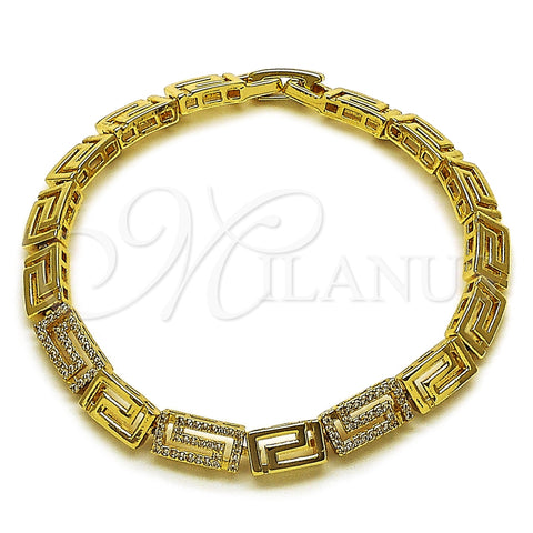 Oro Laminado Fancy Bracelet, Gold Filled Style Greek Key Design, with White Micro Pave, Polished, Golden Finish, 03.283.0505.07
