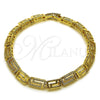 Oro Laminado Fancy Bracelet, Gold Filled Style Greek Key Design, with White Micro Pave, Polished, Golden Finish, 03.283.0505.07
