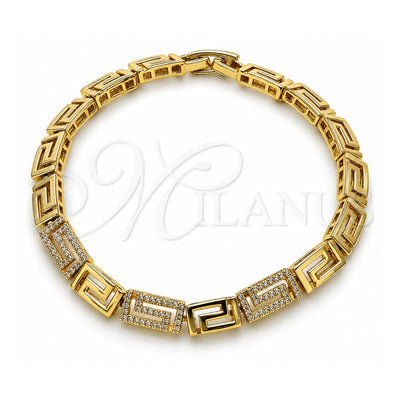 Oro Laminado Fancy Bracelet, Gold Filled Style Greek Key Design, with White Micro Pave, Polished, Golden Finish, 03.283.0505.07 (Thickness, 8 Inches Length)