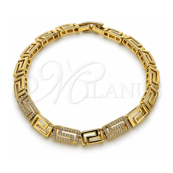 Oro Laminado Fancy Bracelet, Gold Filled Style Greek Key Design, with White Micro Pave, Polished, Golden Finish, 03.283.0505.07 (Thickness, 8 Inches Length)