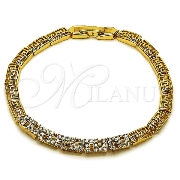 Oro Laminado Fancy Bracelet, Gold Filled Style Greek Key Design, with White Cubic Zirconia, Polished, Golden Finish, 03.283.0506.07