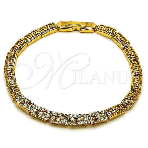 Oro Laminado Fancy Bracelet, Gold Filled Style Greek Key Design, with White Cubic Zirconia, Polished, Golden Finish, 03.283.0506.07