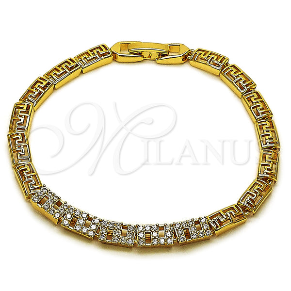 Oro Laminado Fancy Bracelet, Gold Filled Style Greek Key Design, with White Cubic Zirconia, Polished, Golden Finish, 03.283.0506.07 (05 MM Thickness, 7 Inches Length)