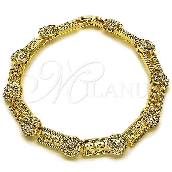 Oro Laminado Fancy Bracelet, Gold Filled Style Greek Key and Cluster Design, with White Cubic Zirconia, Polished, Golden Finish, 03.283.0507.08
