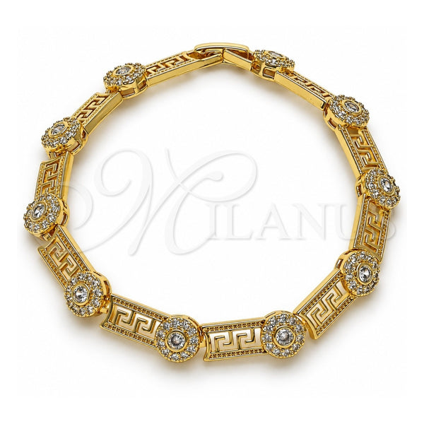 Oro Laminado Fancy Bracelet, Gold Filled Style Greek Key and Cluster Design, with White Cubic Zirconia, Polished, Golden Finish, 03.283.0507.08 (08 MM Thickness, 8 Inches Length)
