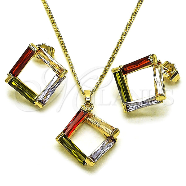 Oro Laminado Earring and Pendant Adult Set, Gold Filled Style Baguette Design, with Multicolor Cubic Zirconia, Polished, Golden Finish, 10.283.0031