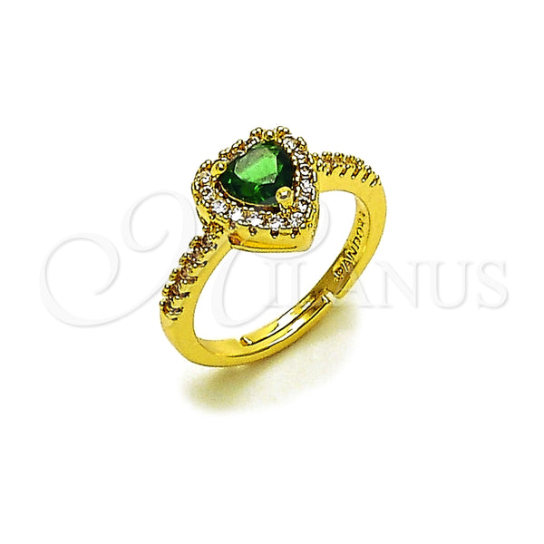 Oro Laminado Wedding Ring, Gold Filled Style Heart and Cluster Design, with Green and White Cubic Zirconia, Polished, Golden Finish, 01.283.0055 (One size fits all)