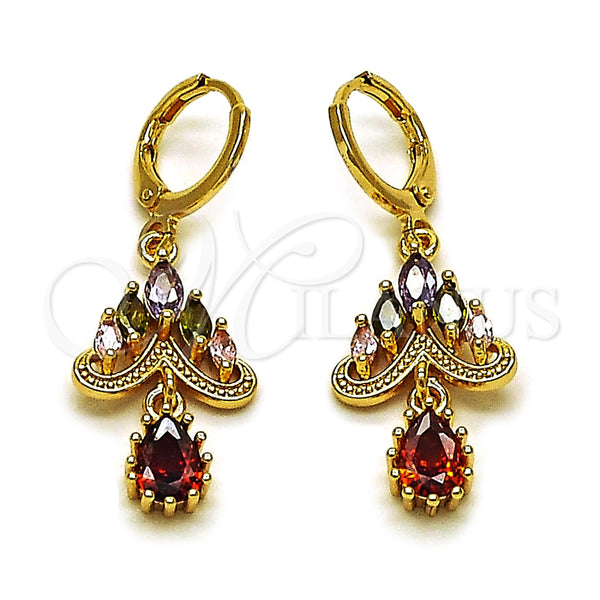 Oro Laminado Long Earring, Gold Filled Style Teardrop Design, with Multicolor and Garnet Cubic Zirconia, Polished, Golden Finish, 02.283.0294