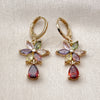 Oro Laminado Long Earring, Gold Filled Style Flower and Teardrop Design, with Multicolor and Garnet Cubic Zirconia, Polished, Golden Finish, 02.283.0295