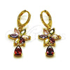 Oro Laminado Long Earring, Gold Filled Style Flower and Teardrop Design, with Multicolor and Garnet Cubic Zirconia, Polished, Golden Finish, 02.283.0295