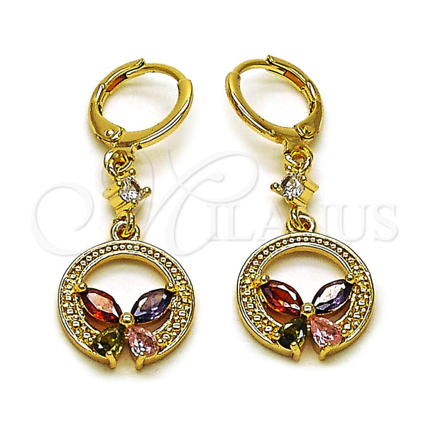 Oro Laminado Long Earring, Gold Filled Style Butterfly Design, with Multicolor Cubic Zirconia, Polished, Golden Finish, 02.283.0296