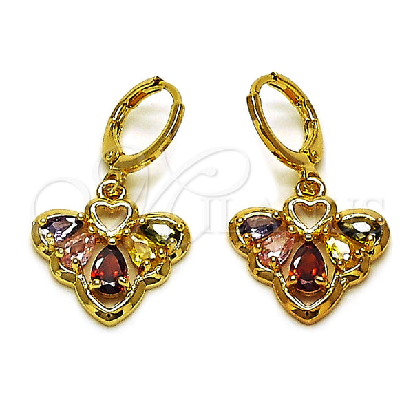 Oro Laminado Long Earring, Gold Filled Style Heart and Teardrop Design, with Multicolor Cubic Zirconia, Polished, Golden Finish, 02.283.0297