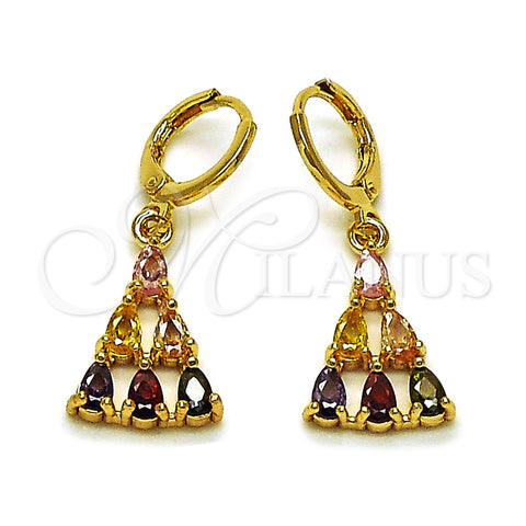 Oro Laminado Long Earring, Gold Filled Style Teardrop Design, with Multicolor Cubic Zirconia, Polished, Golden Finish, 02.283.0299