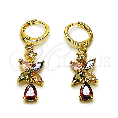 Oro Laminado Long Earring, Gold Filled Style Flower and Teardrop Design, with Multicolor Cubic Zirconia, Polished, Golden Finish, 02.283.0300