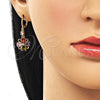 Oro Laminado Long Earring, Gold Filled Style Flower Design, with Multicolor Cubic Zirconia, Polished, Golden Finish, 02.283.0301