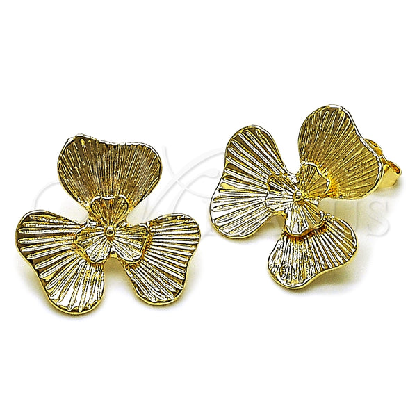 Oro Laminado Stud Earring, Gold Filled Style Flower Design, Diamond Cutting Finish, Golden Finish, 02.428.0051