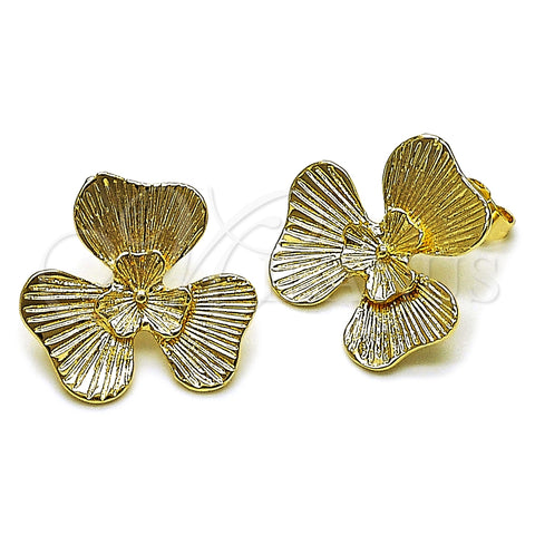 Oro Laminado Stud Earring, Gold Filled Style Flower Design, Diamond Cutting Finish, Golden Finish, 02.428.0051