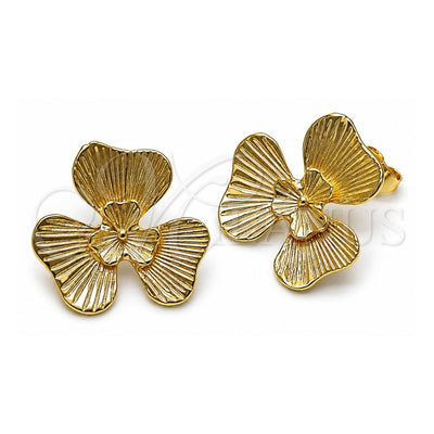 Oro Laminado Stud Earring, Gold Filled Style Flower Design, Diamond Cutting Finish, Golden Finish, 02.428.0051