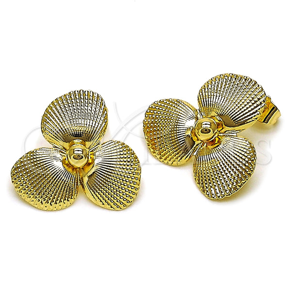 Oro Laminado Stud Earring, Gold Filled Style Flower Design, Diamond Cutting Finish, Golden Finish, 02.428.0053