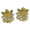 Oro Laminado Stud Earring, Gold Filled Style Flower Design, Diamond Cutting Finish, Golden Finish, 02.428.0055