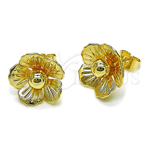 Oro Laminado Stud Earring, Gold Filled Style Flower Design, Diamond Cutting Finish, Golden Finish, 02.428.0060