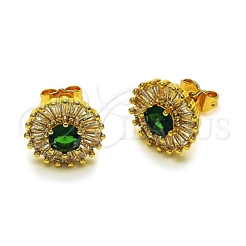 Oro Laminado Stud Earring, Gold Filled Style Cluster and Baguette Design, with Green and White Cubic Zirconia, Polished, Golden Finish, 02.344.0174