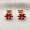 Oro Laminado Stud Earring, Gold Filled Style Flower Design, with Garnet and White Cubic Zirconia, Polished, Golden Finish, 02.344.0177